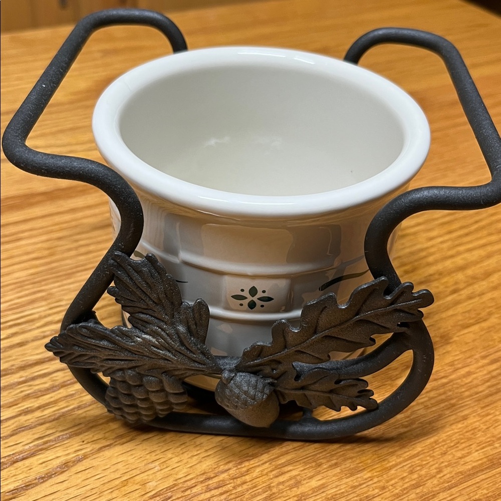 Longaberger Pottery Green Woven Traditions Candle Crock with Wrought Iron Stand